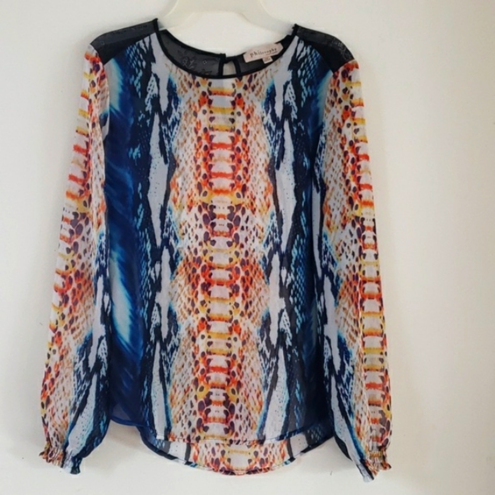 PHILOSOPHY Snake-Print Semi-sheer Multicolor Black Shoulder Lace Trim Top XS
